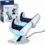 Base Cargador Controles Play 5 con carga rápida, diseño compacto y LEDs indicadores