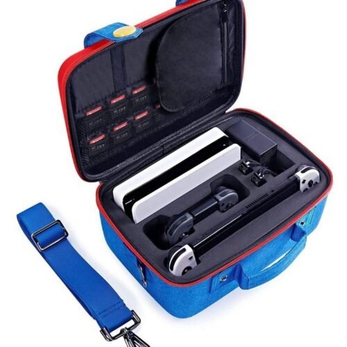 Maleta Para Nintendo de Mario Bros con diseño gamer y compartimentos para consola y accesorios